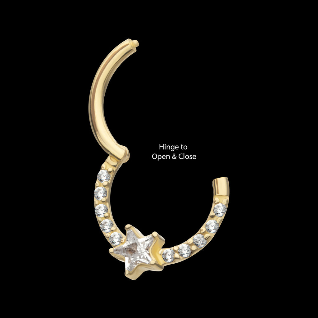 1mm CNC Set Gem Cluster with 3mm Star Gem Front Facing Hinged Segment Clicker Hoop Earring / Nosering – 14Kt Gold