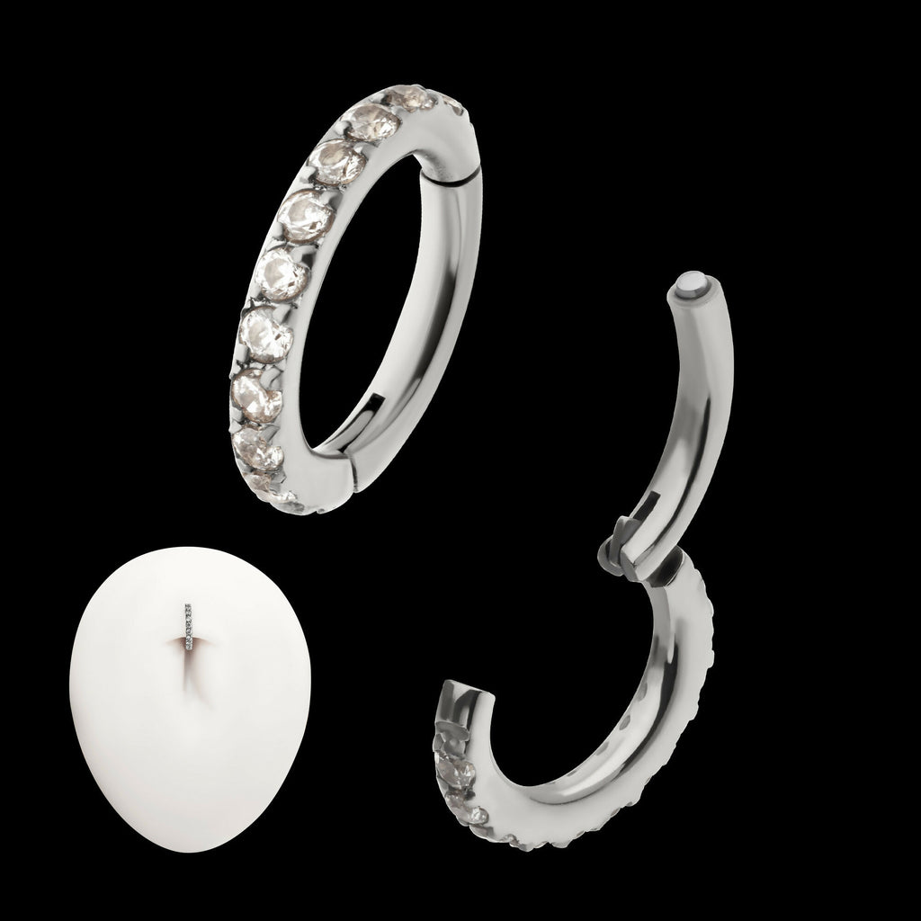 14g Titanium Oval Shape with CNC Set Full Clear CZ Hinged Segment Clicker (for Navel Piercing) Hoop Earring / Nosering