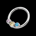 Bi-Trans-Pan Bezel Set CZ 3-Cluster Front Facing Hinged Segment Clicker Hoop Earring / Nosering – Titanium