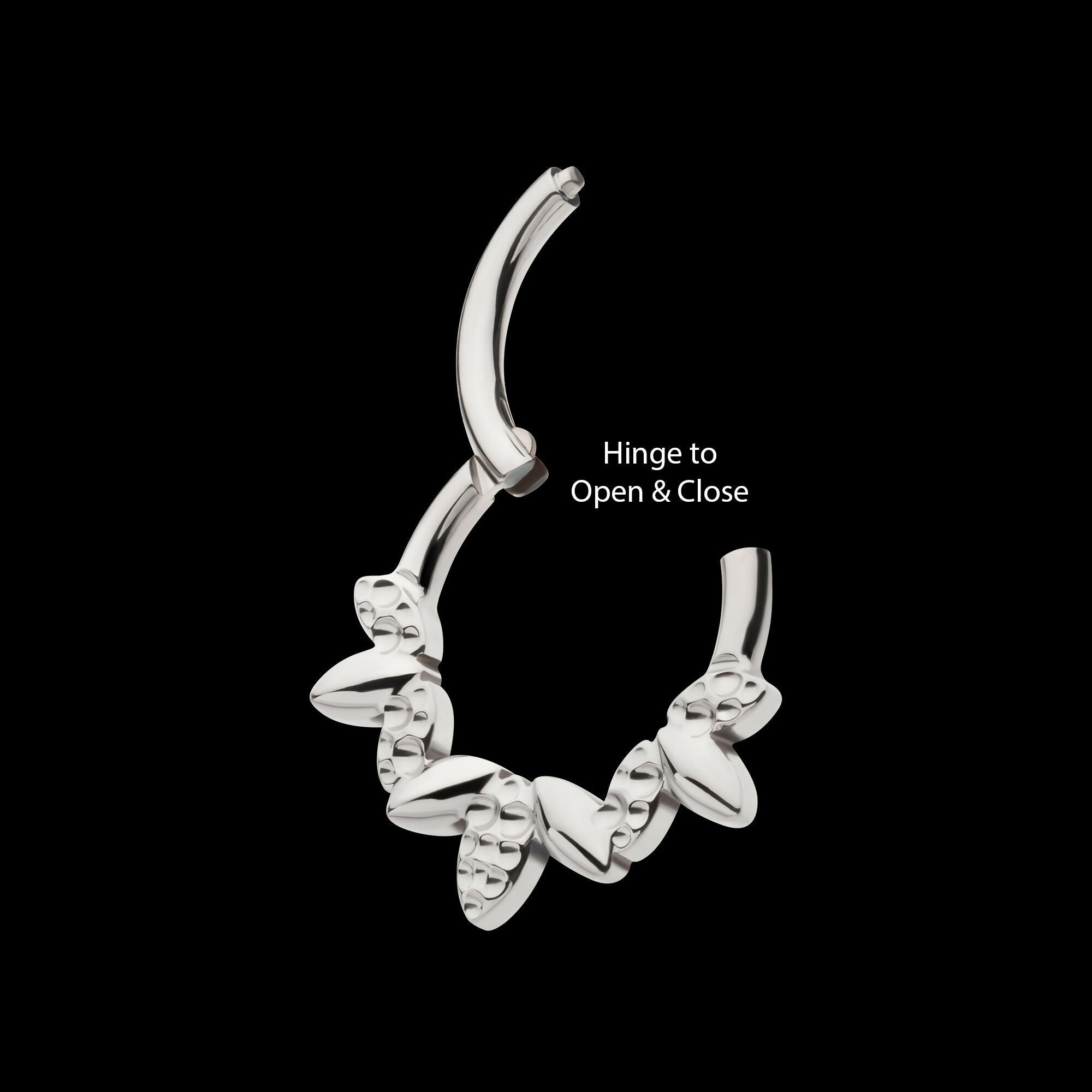Clustered Hammered & Shiny 3-Petal Flower Front Facing Hinged Segment Clicker Hoop Earring / Nosering – Titanium