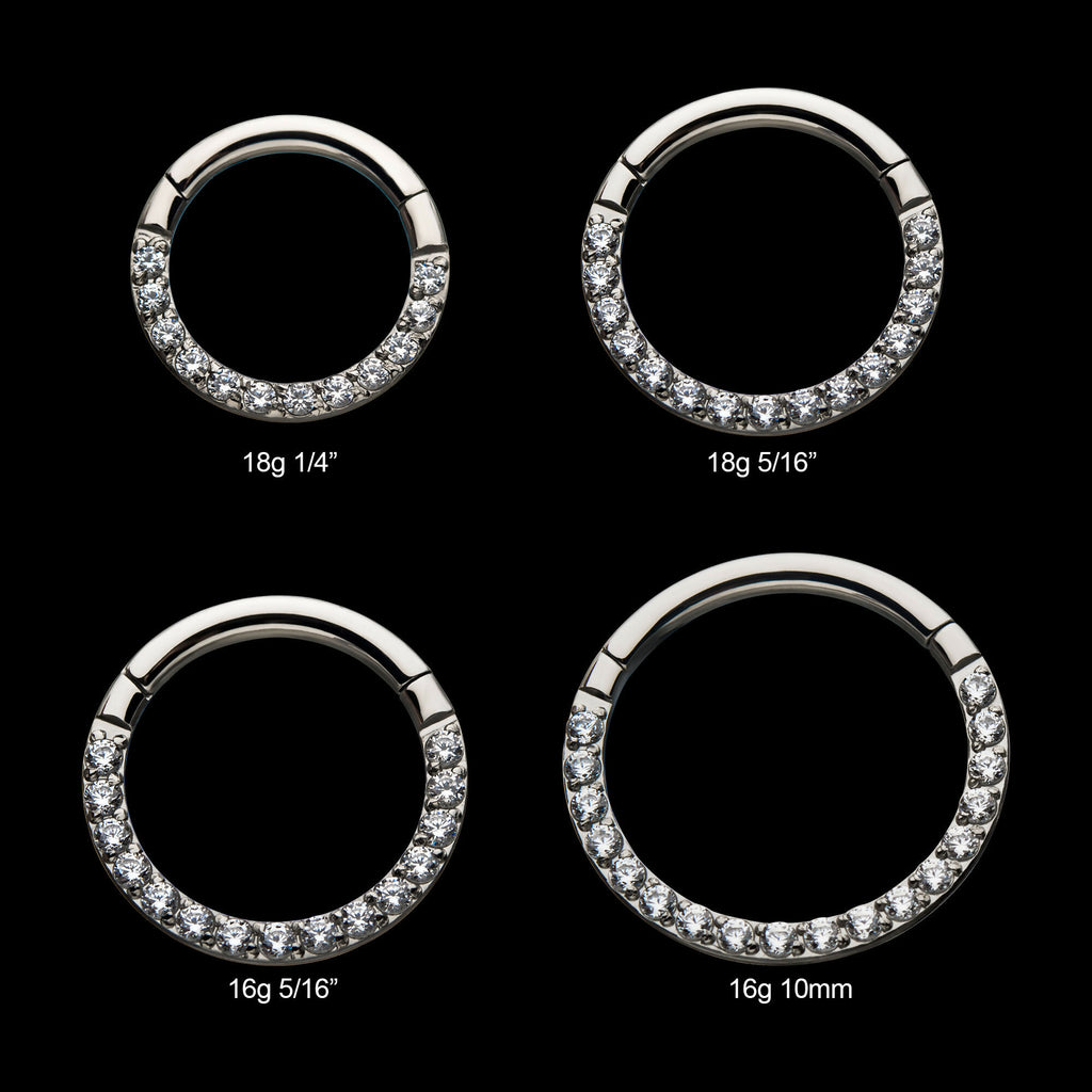 Front Full Clear Eternity Gem Hinged Segment Clicker Hoop Earring / Nosering – Titanium