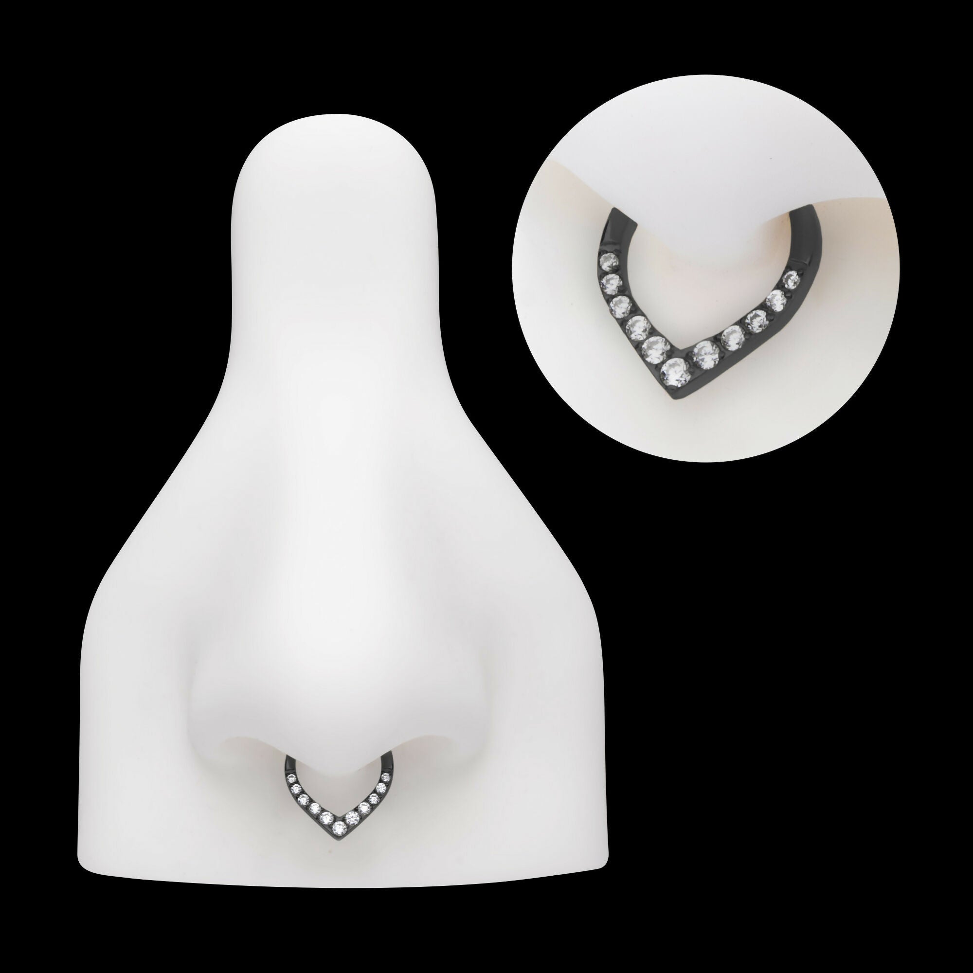 Black PVD Titanium CNC Set Gem Front Facing Teardrop Shape Hinged Segment Clicker Hoop Earring / Nosering