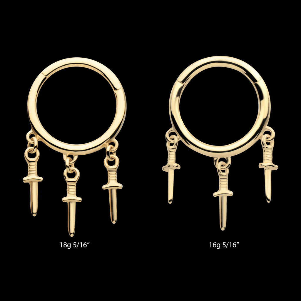 Triple Dagger Dangle Charm Hinged Segment Clicker Hoop Earring / Nosering – 14Kt Yellow Gold