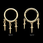 Triple Dagger Dangle Charm Hinged Segment Clicker Hoop Earring / Nosering – 14Kt Yellow Gold