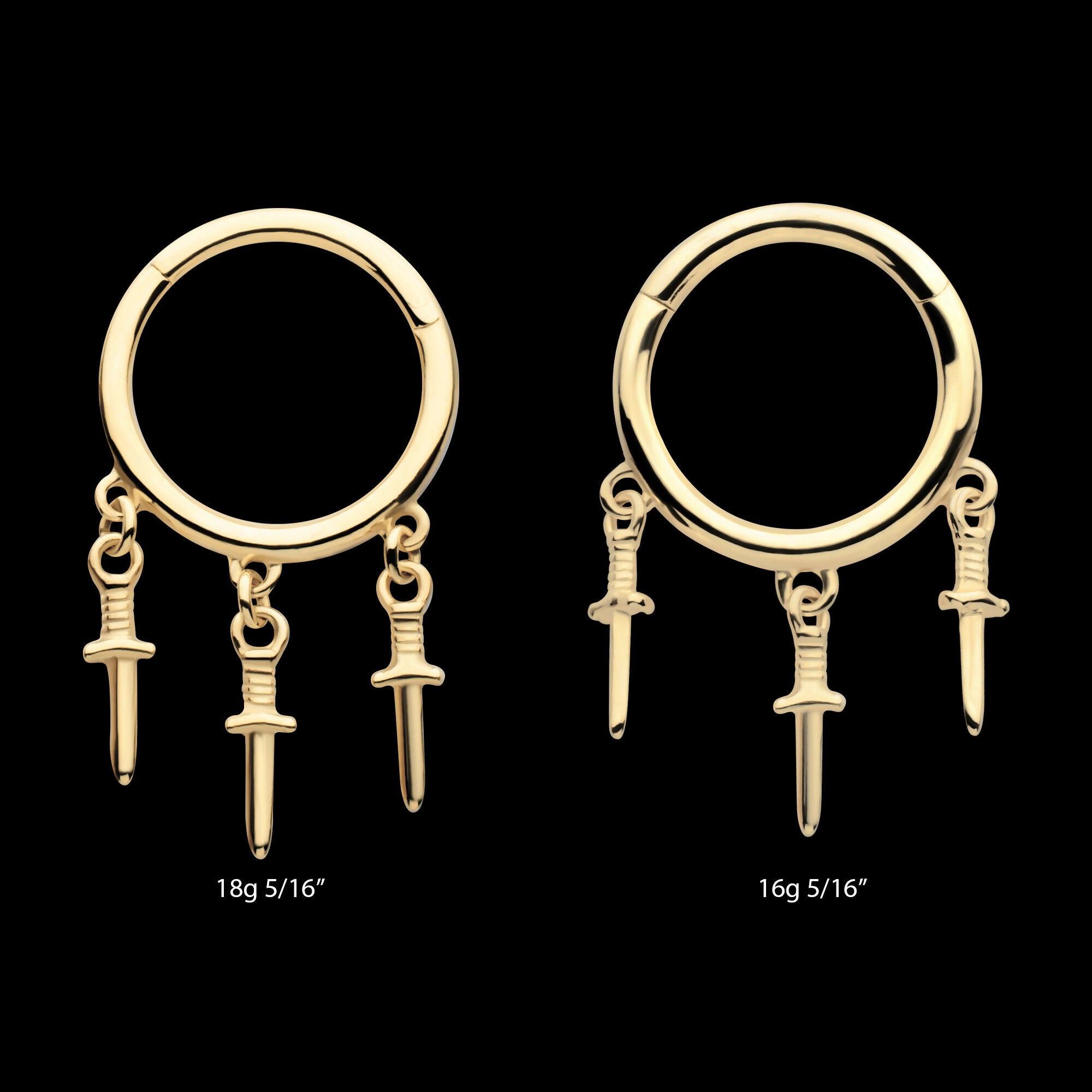 Triple Dagger Dangle Charm Hinged Segment Clicker Hoop Earring / Nosering – 14Kt Yellow Gold