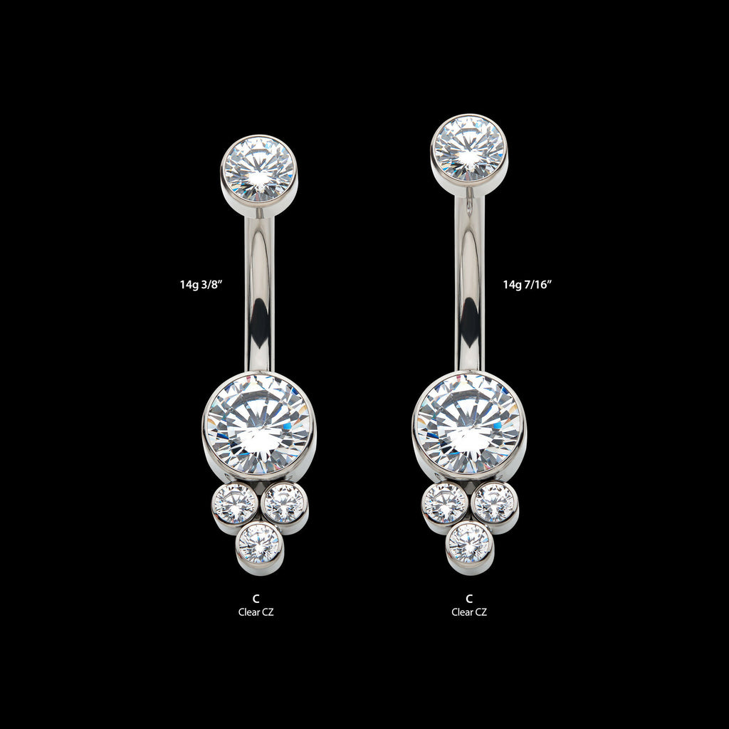 Internally Threaded with 3 Bezel Set Round Clear CZ Cluster Fixed Navel Jewelry / Belly Button Ring – Titanium