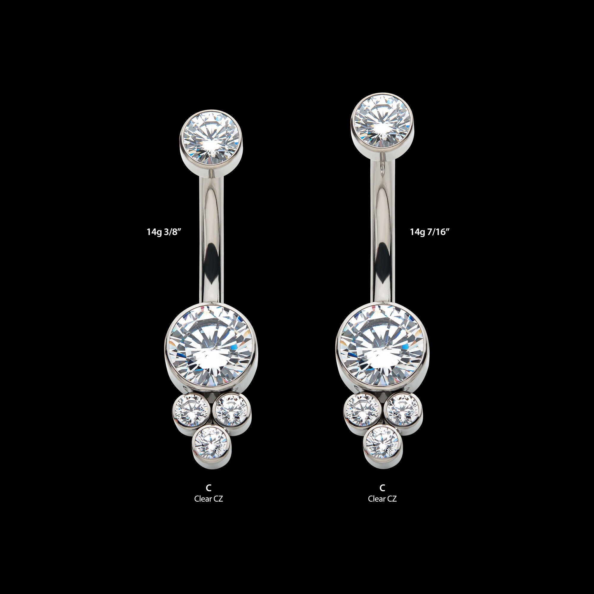 Internally Threaded with 3 Bezel Set Round Clear CZ Cluster Fixed Navel Jewelry / Belly Button Ring – Titanium
