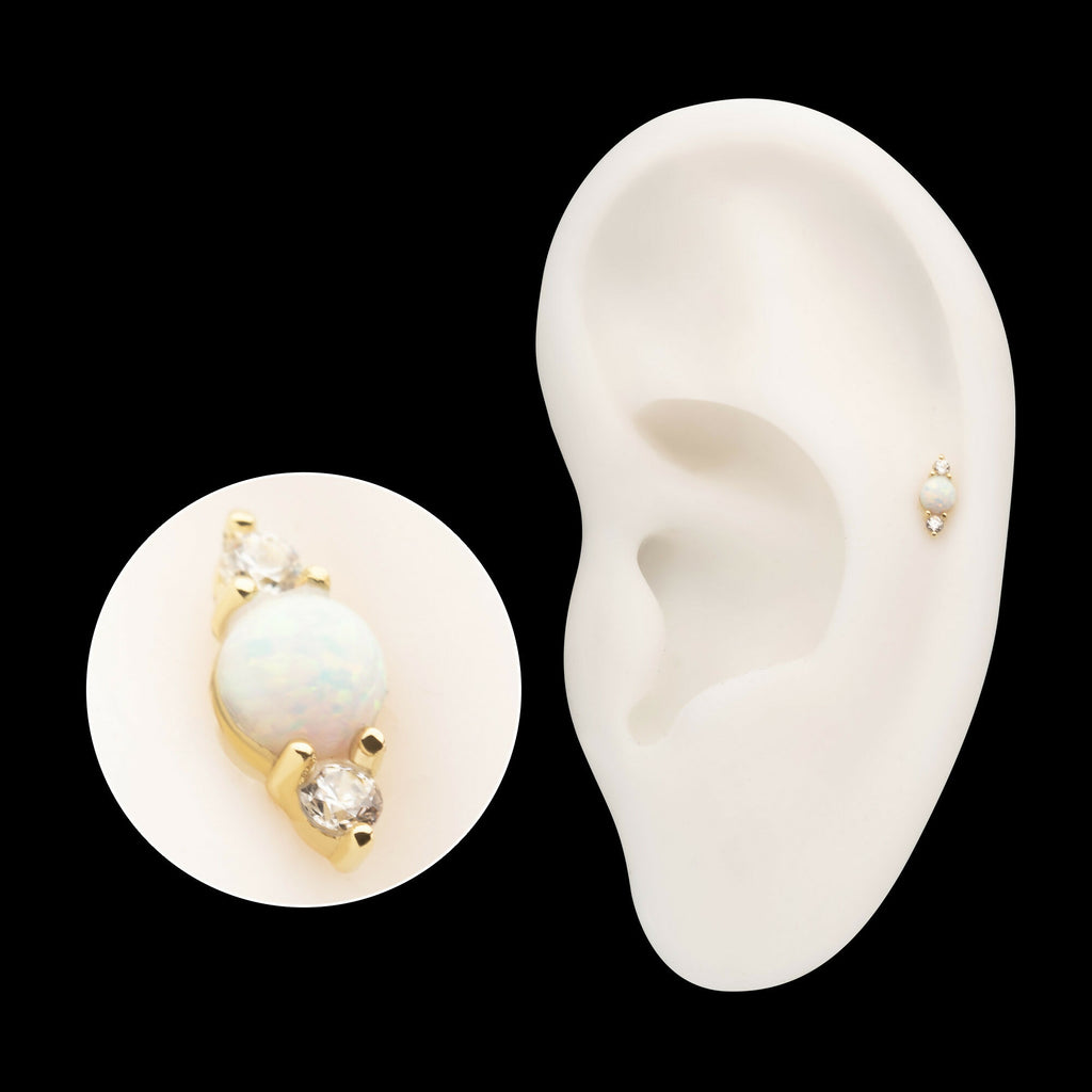 14Kt Yellow Gold Threadless Prong Set White Opal & Clear CZ CZ Gem Cluster Top