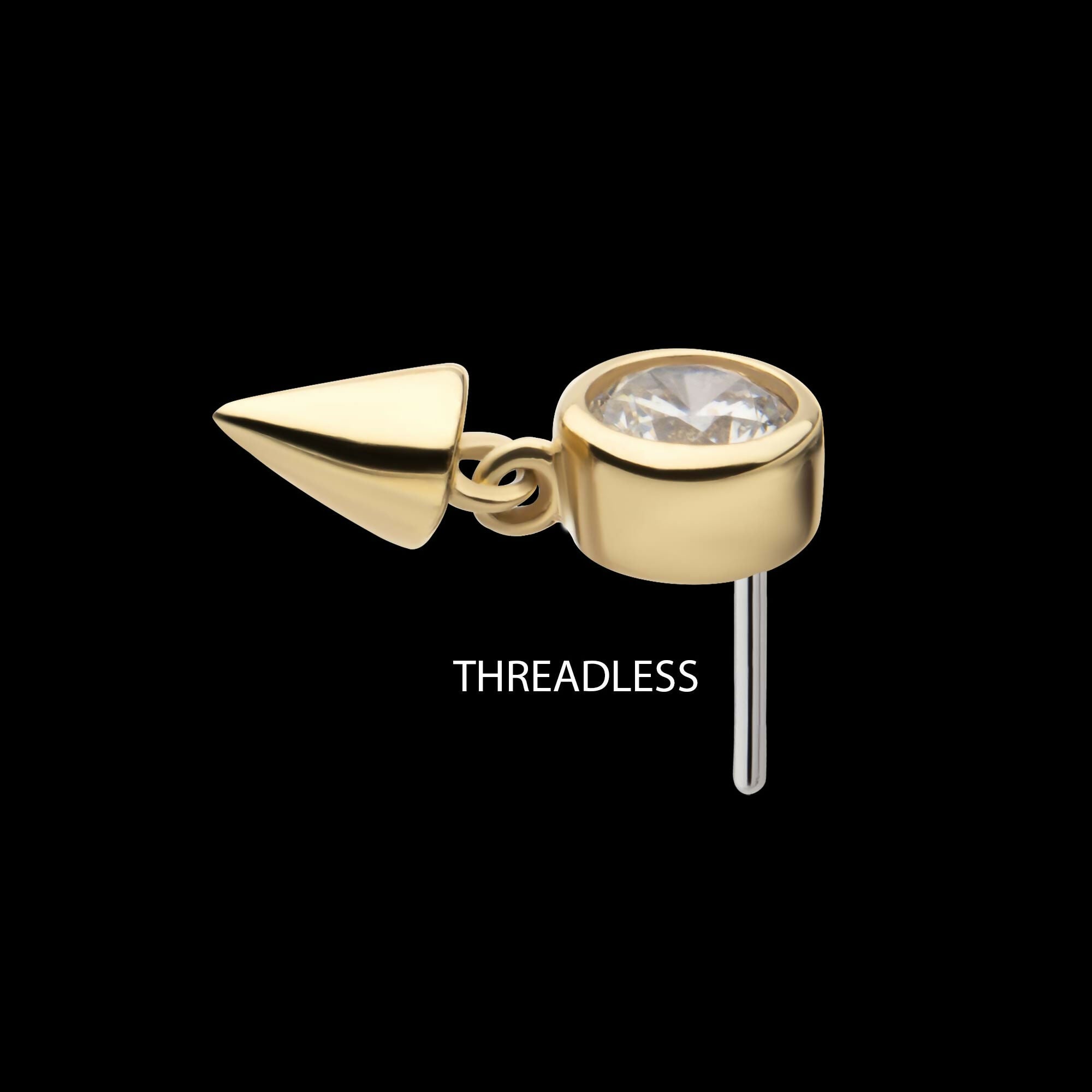14Kt Yellow Gold Threadless Bezel Set Round Gem Top with Spike Dangle
