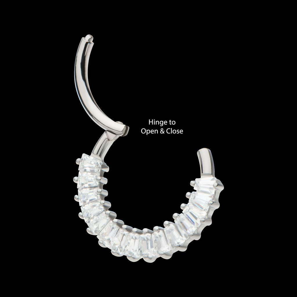 Pronged Baguette CZ Cluster Front Facing Hinged Segment Clicker Hoop Earring / Nosering – Titanium