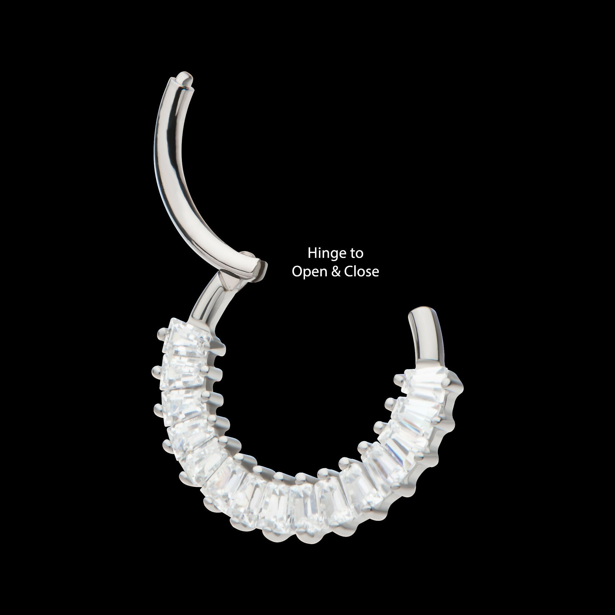 Pronged Baguette CZ Cluster Front Facing Hinged Segment Clicker Hoop Earring / Nosering – Titanium