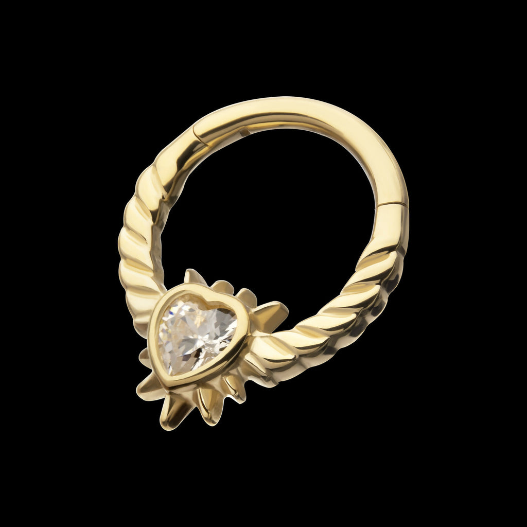 Spike Edge Bezel Heart Gem Wired Hoop Front Facing Hinged Segment Clicker Earring / Nosering – 14kt Yellow Gold