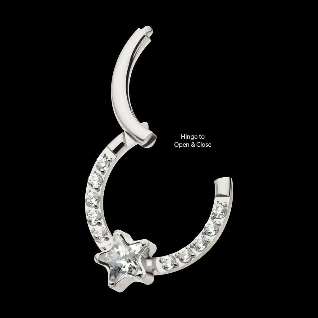 1mm CNC Set Full Clear CZ & Big Star CZ Front Facing Hinged Segment Clicker Hoop Earring / Nosering – Titanium