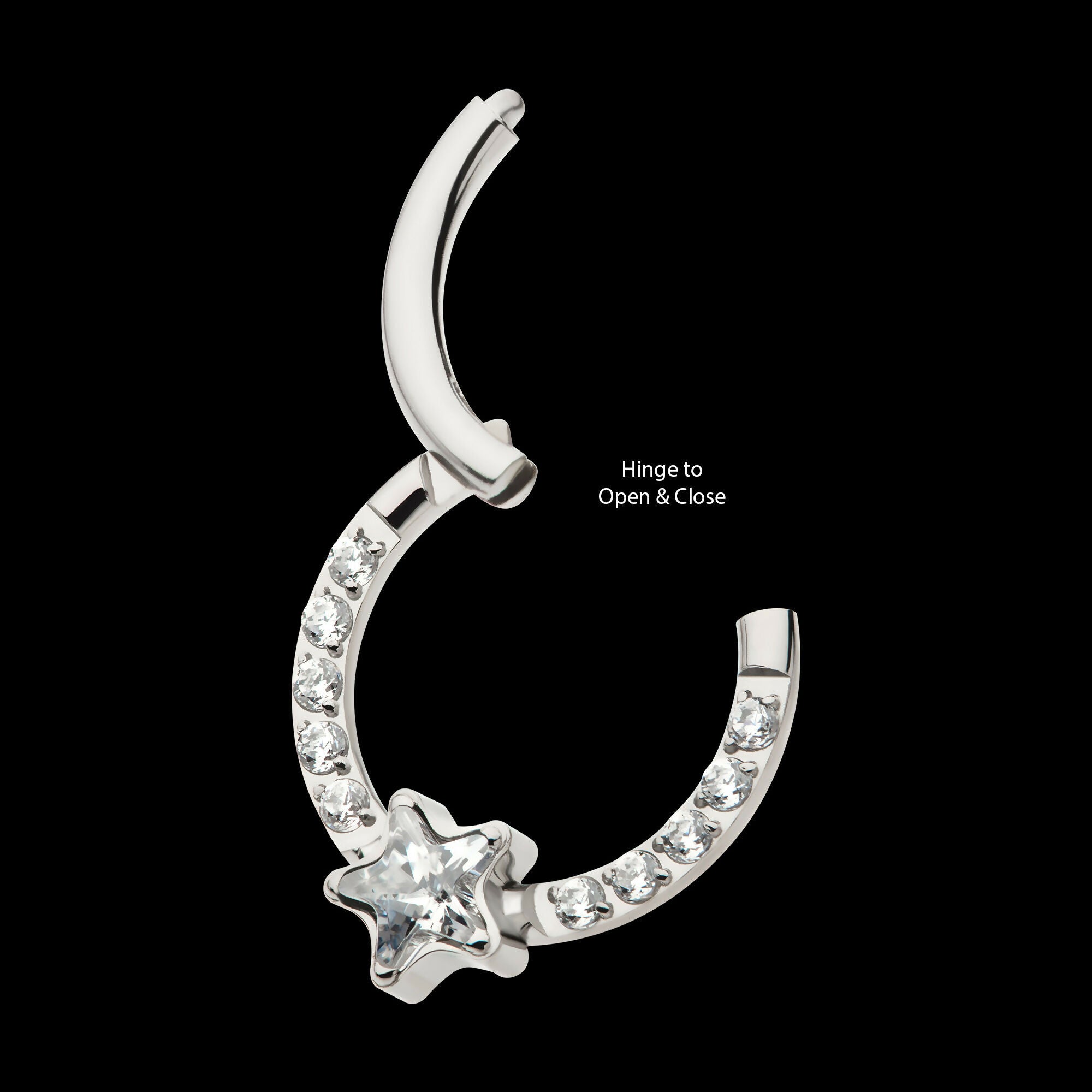 1mm CNC Set Full Clear CZ & Big Star CZ Front Facing Hinged Segment Clicker Hoop Earring / Nosering – Titanium