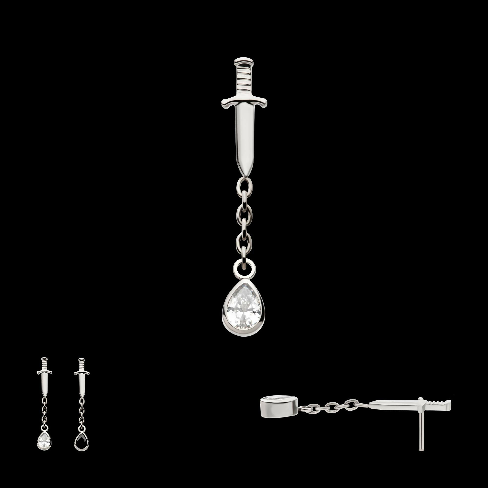 Titanium Threadless Dangle Chain Bezel Teardrop CZ Dagger Top
