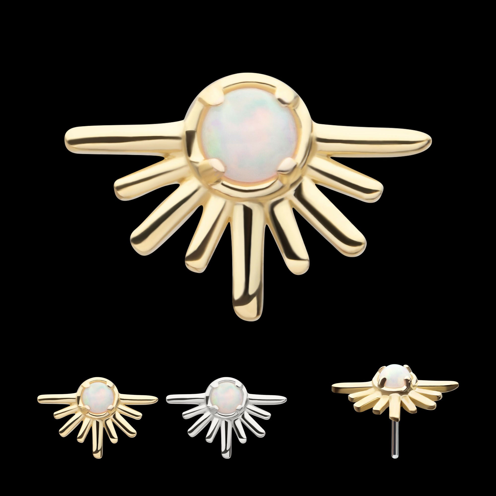 14Kt Gold Threadless Prong Set White Opal Half Starburst Top