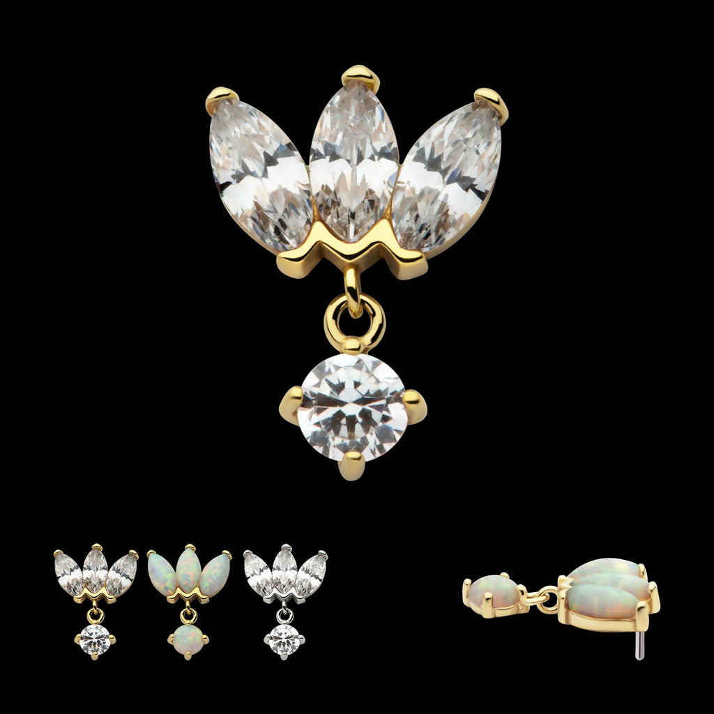 14Kt Gold Threadless 3 Cluster Fan Shape Marquise CZ/Opal Top with Dangle Prong Set CZ/Opal