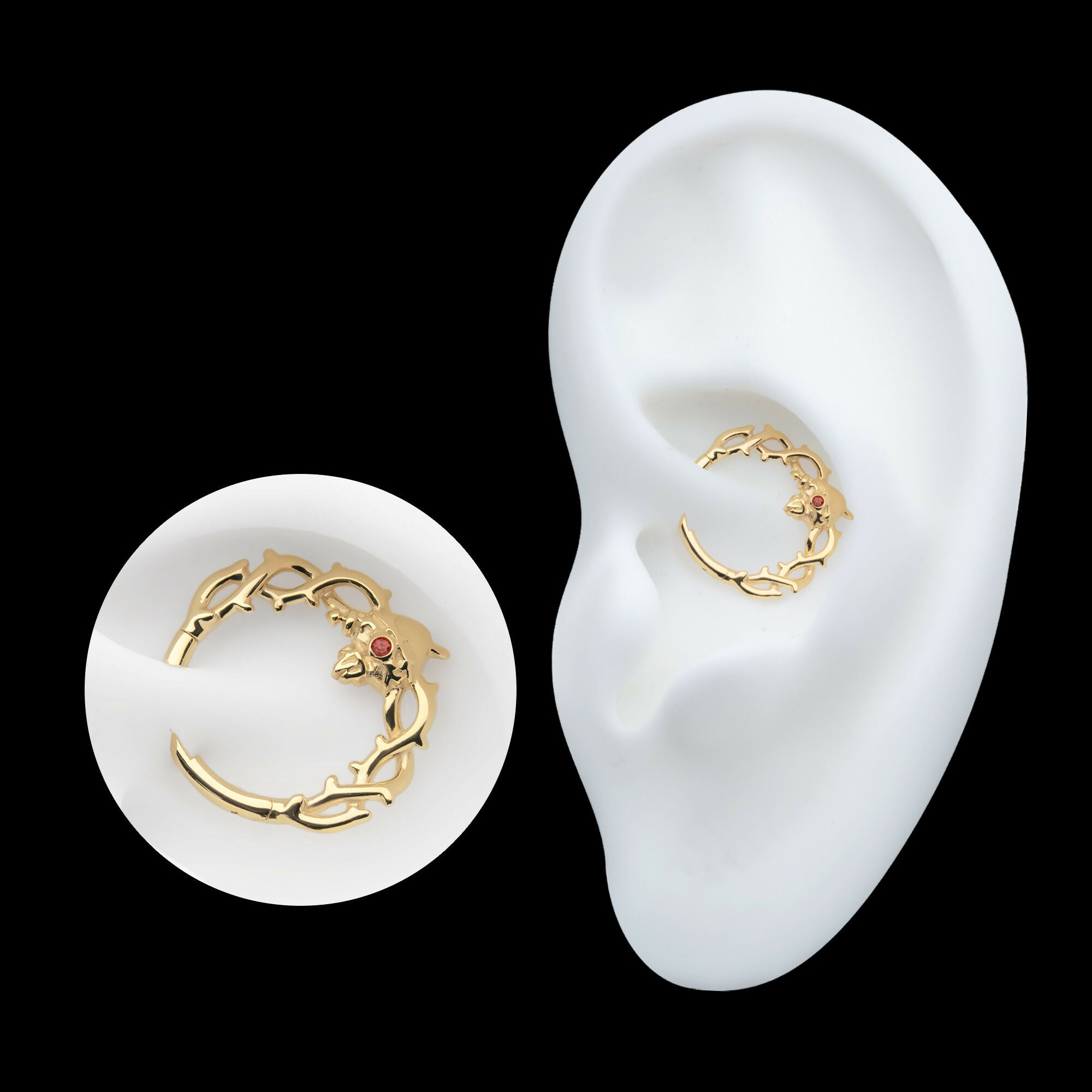 Prong Set Black Heart with Rose Vine Design Front Facing Hinged Segment Clicker Hoop Earring / Nosering – 14Kt Yellow Gold