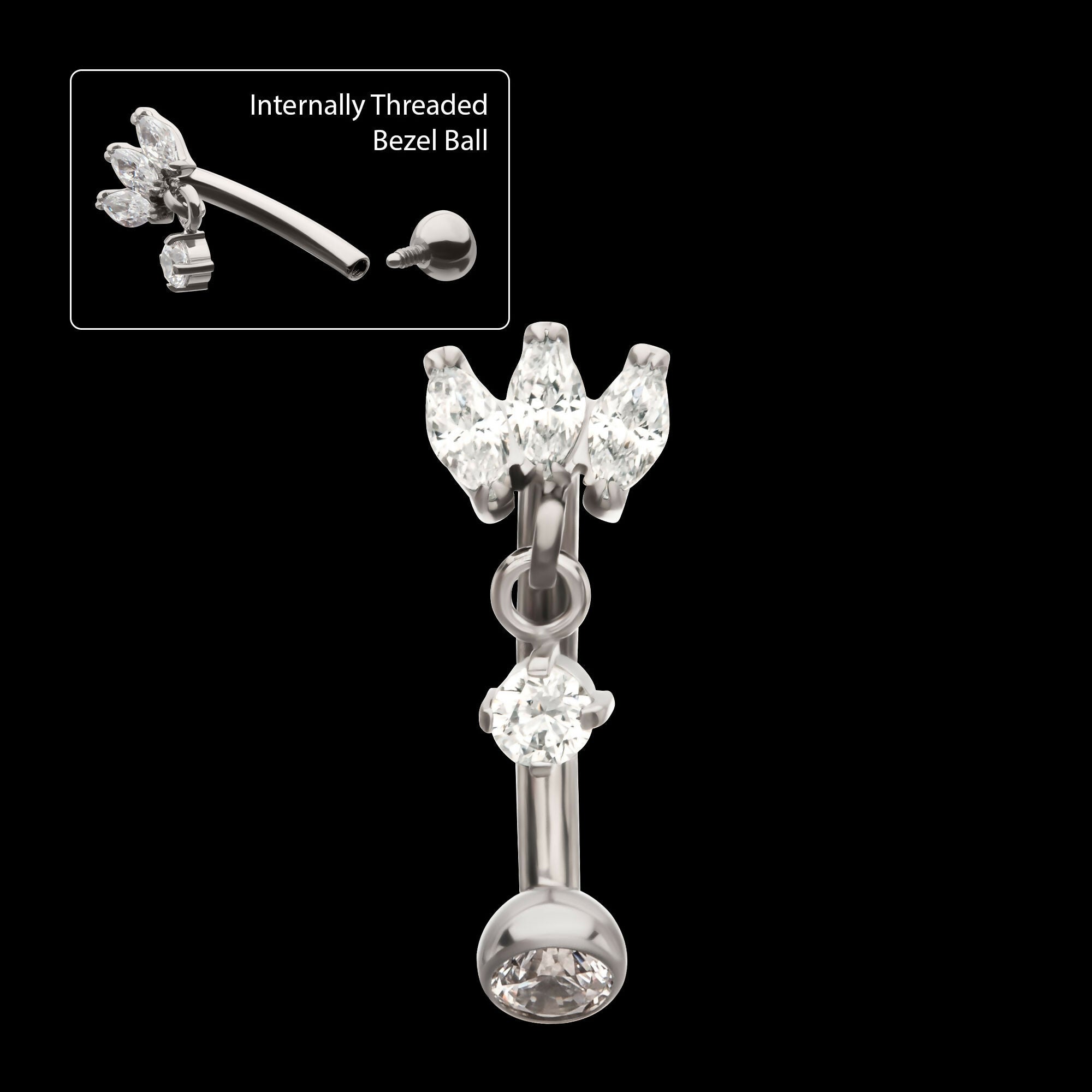 Internally Threaded V-Prong Triple Marquise Gem Fixed Top Curved Barbell with Floating Prong Gem Dangle Earring / Nosering – Titanium