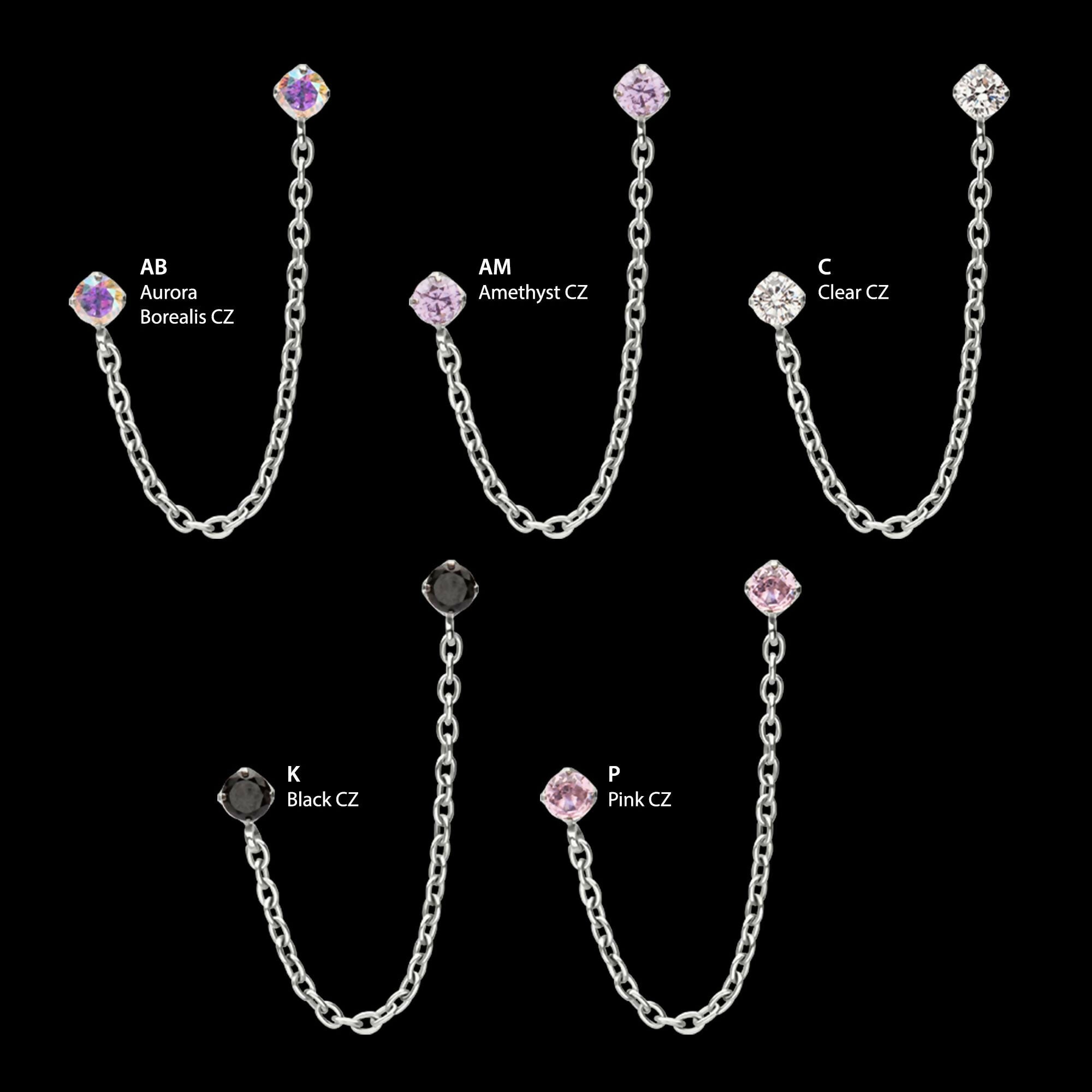 Titanium Threadless Double Prong Set Gem Top with Rolo Chain Dangle