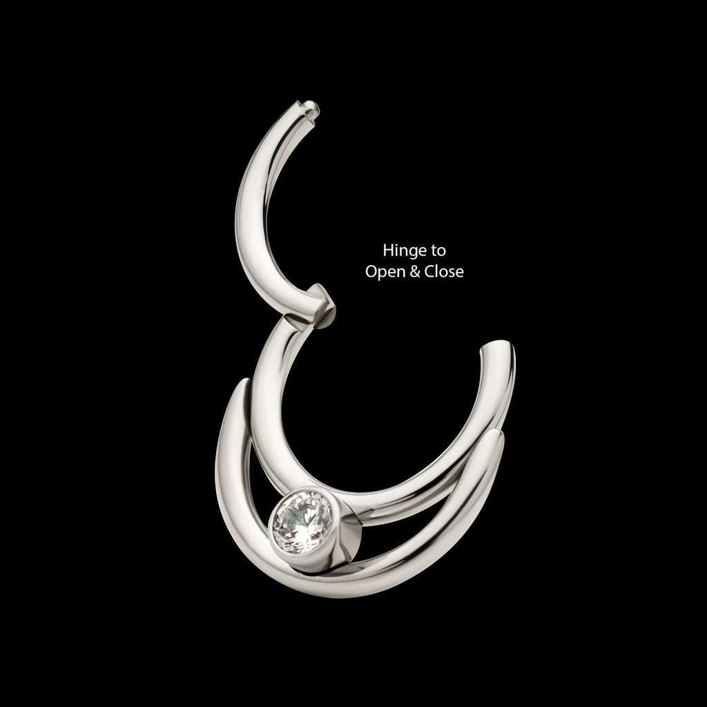 Double Hoop with Round Bezel Set Gem/Opal Front Facing Hinged Segment Clicker Earring / Nosering – Titanium