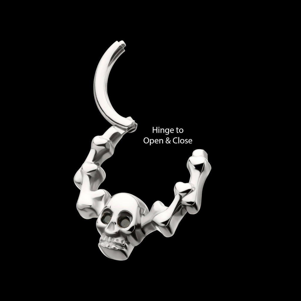 Skull & Bone with Black CZ Gem Eyes Front Facing Hinged Segment Clicker Hoop Earring / Nosering – Titanium