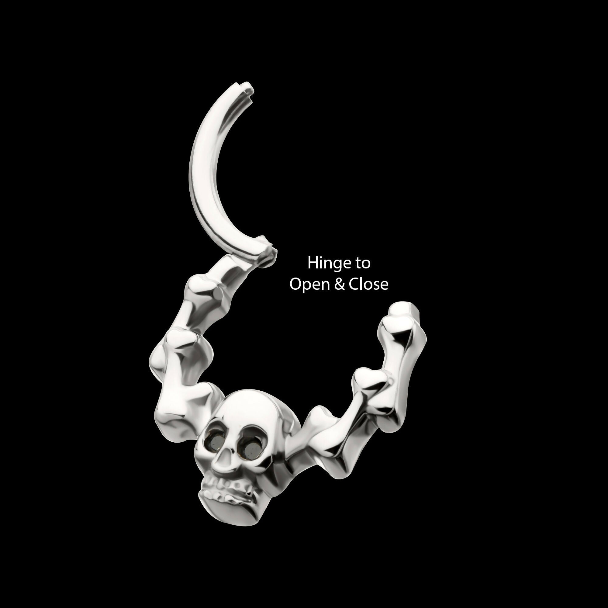 Skull & Bone with Black CZ Gem Eyes Front Facing Hinged Segment Clicker Hoop Earring / Nosering – Titanium