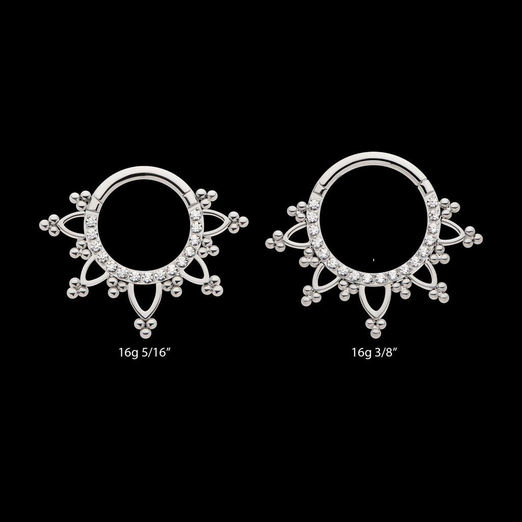 Pave Set Round CZ with Tri Beads Front Facing Hinged Segment Clicker Hoop Earring / Nosering – Titanium