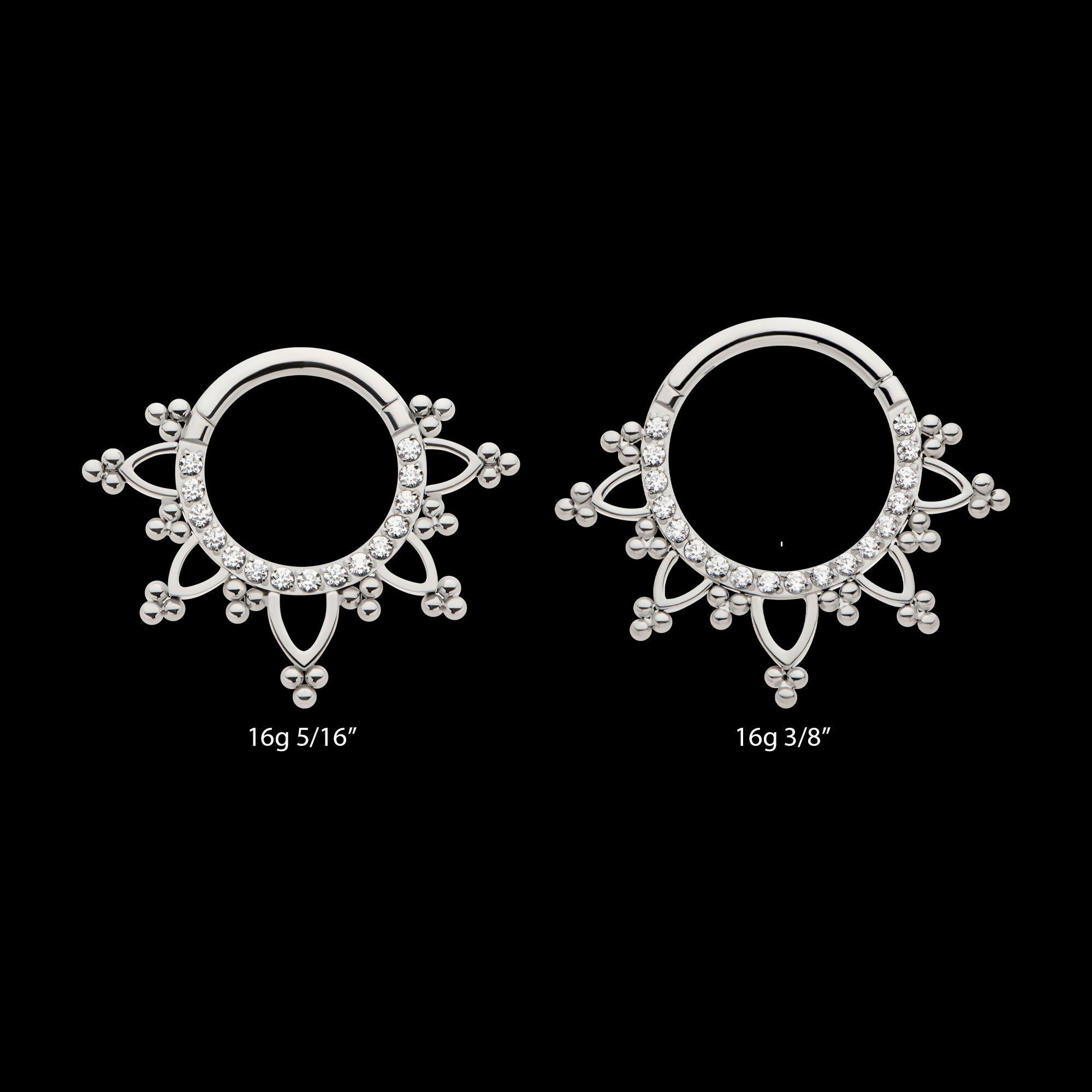Pave Set Round CZ with Tri Beads Front Facing Hinged Segment Clicker Hoop Earring / Nosering – Titanium
