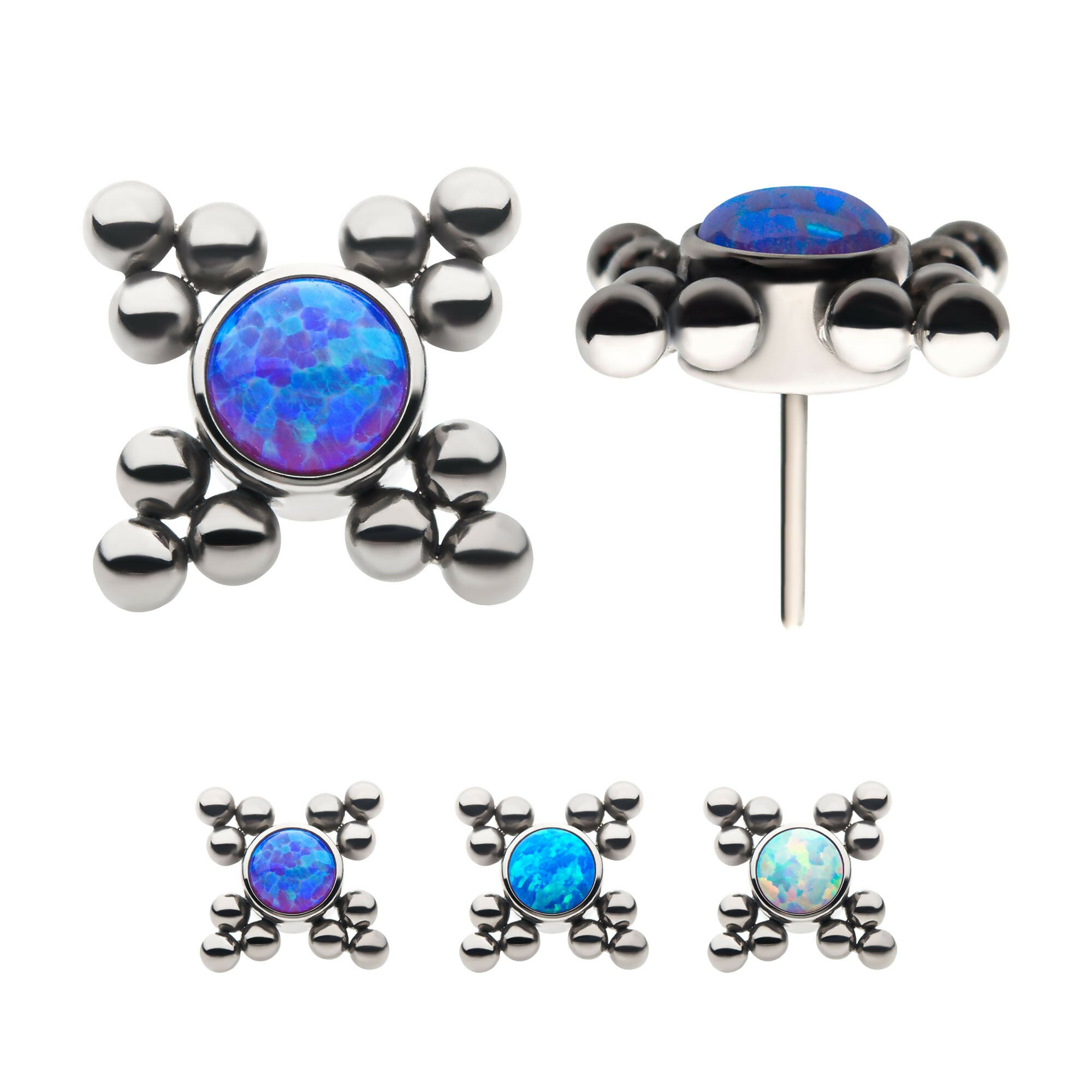 12-Bead Bezel Round Opal/CZ Cluster Flatback Stud Earring / Nosering - Opal & CZ & Opal & CZ in Titanium