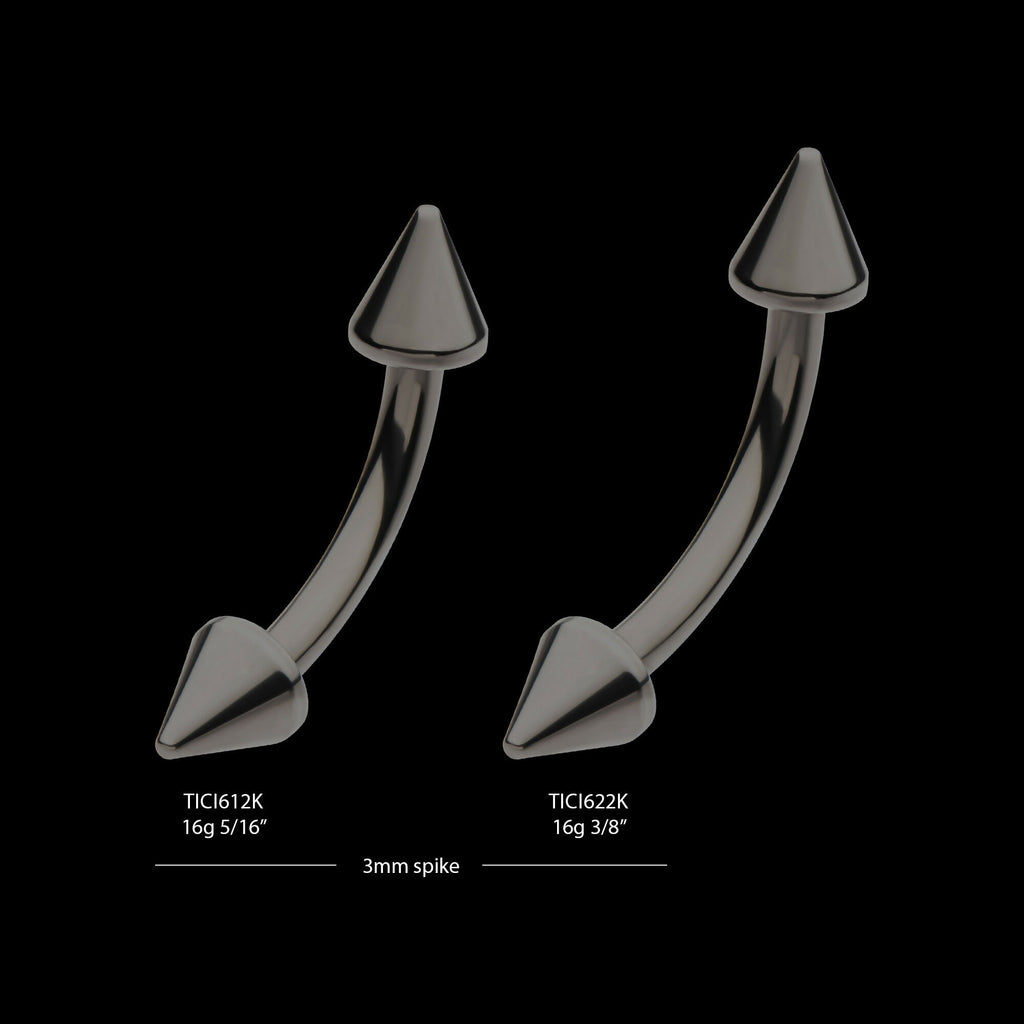 Black PVD Titanium Internally Threaded Spike End Curved Barbell Earring / Nosering