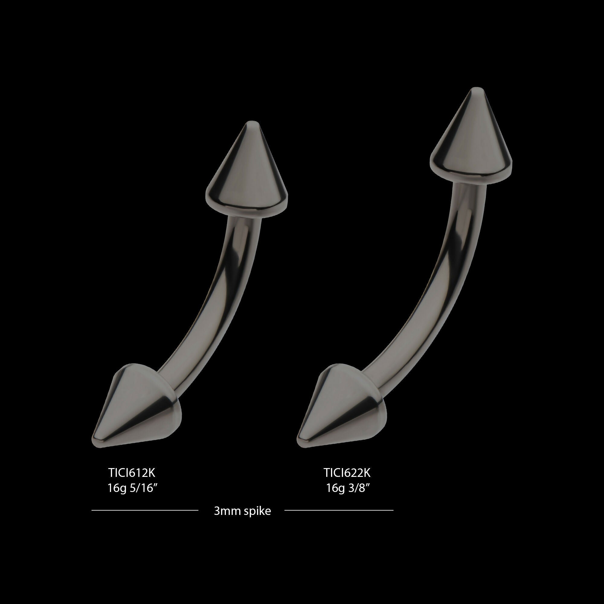 Black PVD Titanium Internally Threaded Spike End Curved Barbell Earring / Nosering