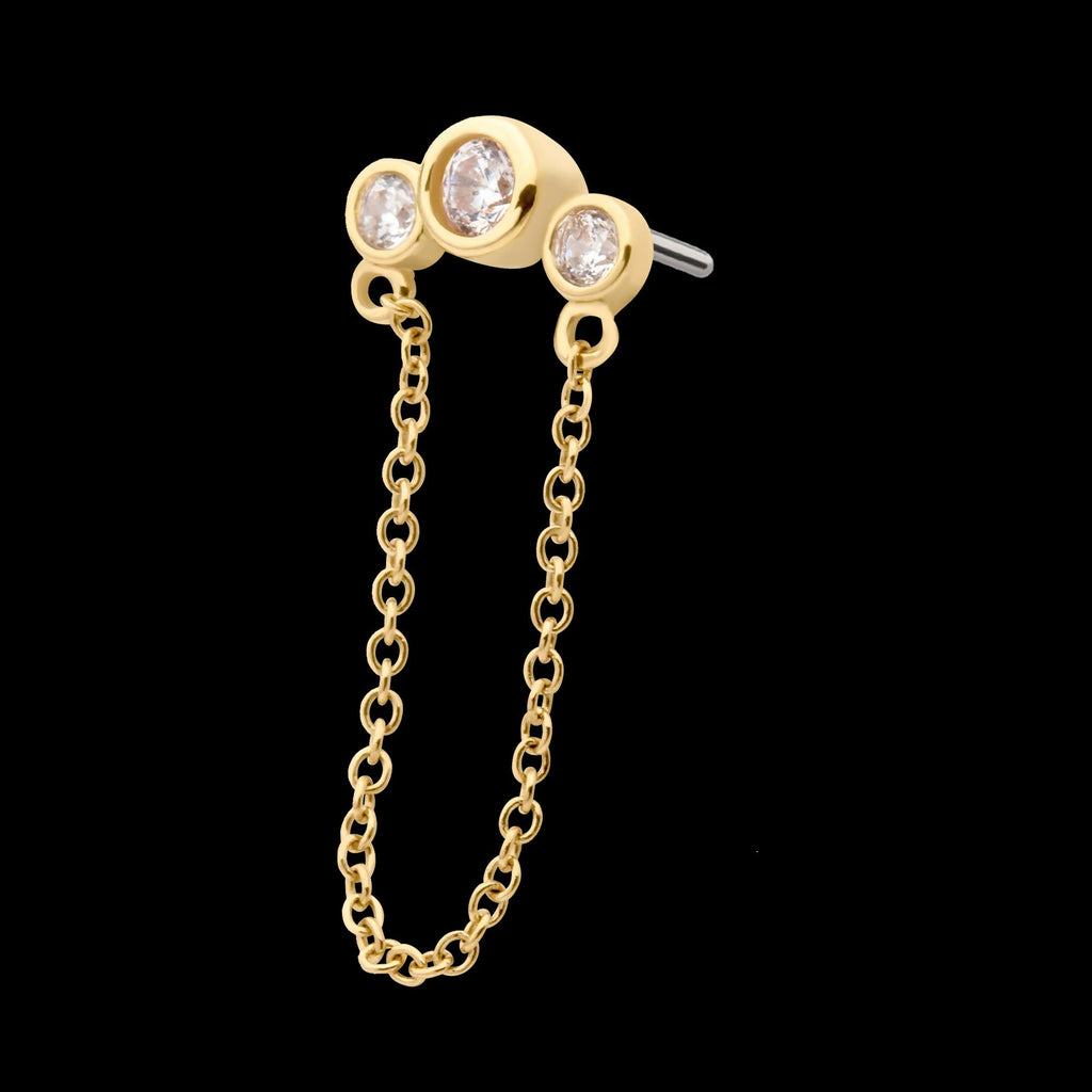 14Kt Yellow Gold Threadless with Bezel Set CZ 3-Cluster Top with Dangling Chain