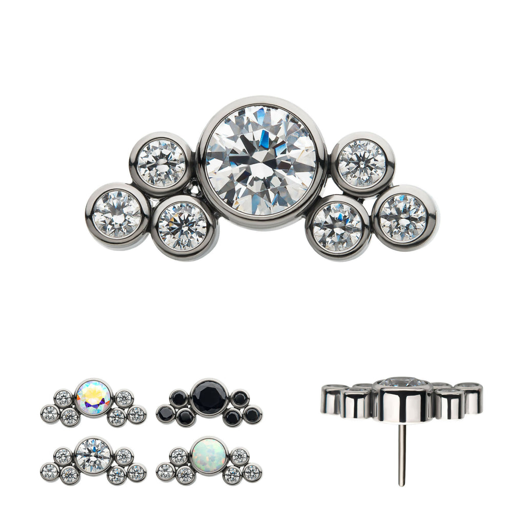 3.5mm Bezel Round CZ/Opal with 3-Gem Cluster Flatback Stud Earring / Nosering - Opal & CZ & Opal & CZ in Titanium
