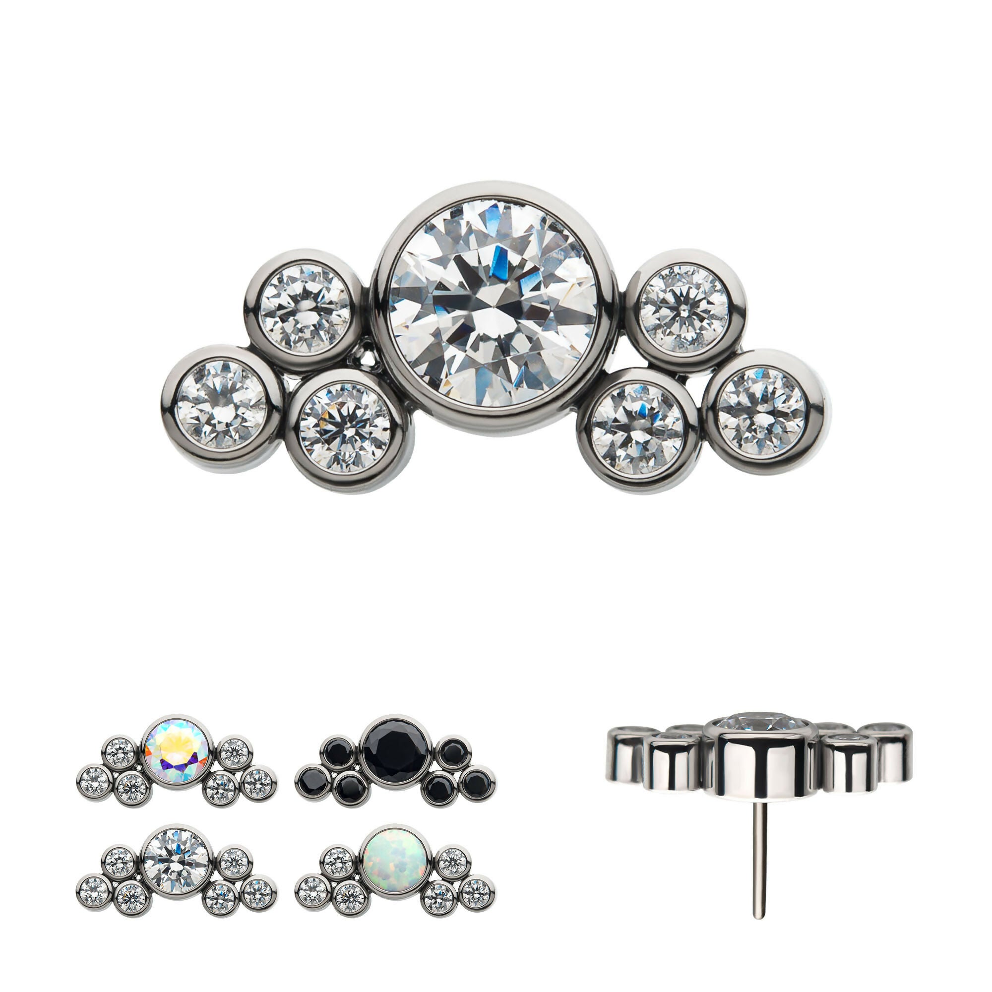 3.5mm Bezel Round CZ/Opal with 3-Gem Cluster Flatback Stud Earring / Nosering - Opal & CZ & Opal & CZ in Titanium