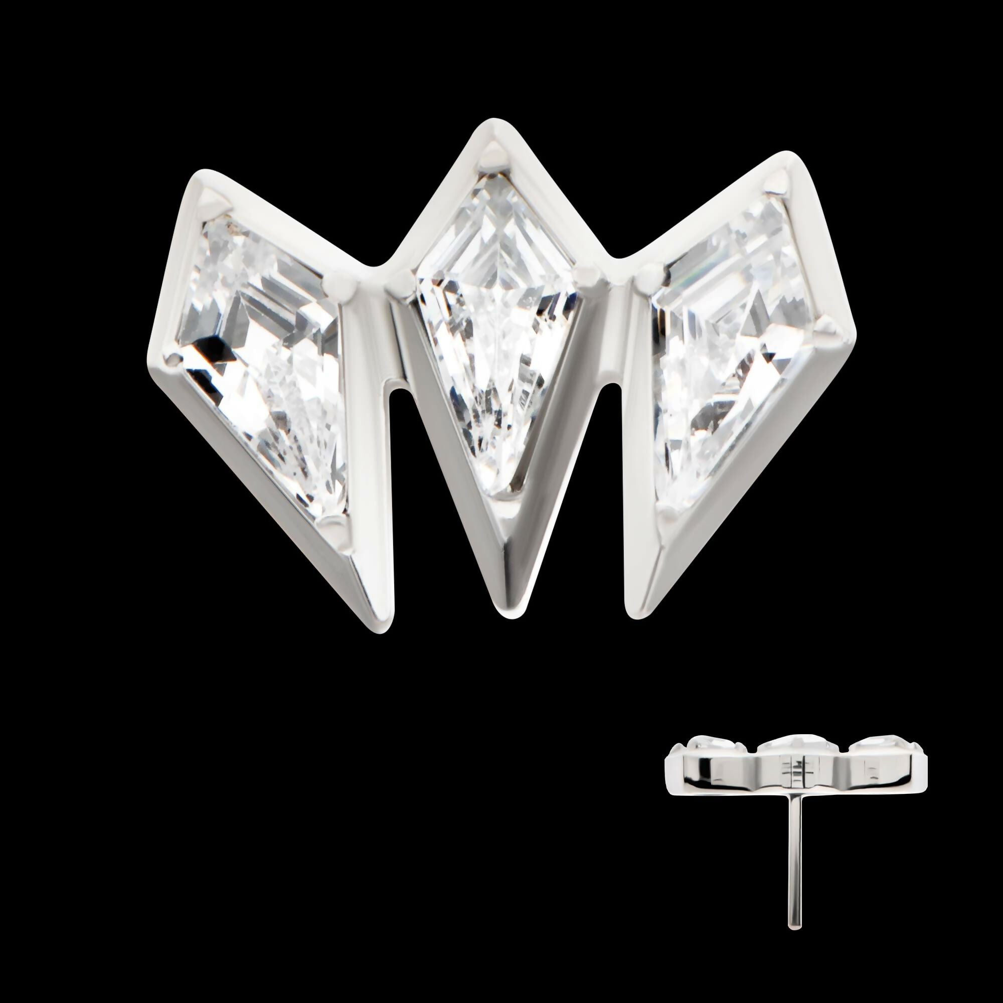 Titanium Threadless Kite Shape CZ 3-Cluster Top