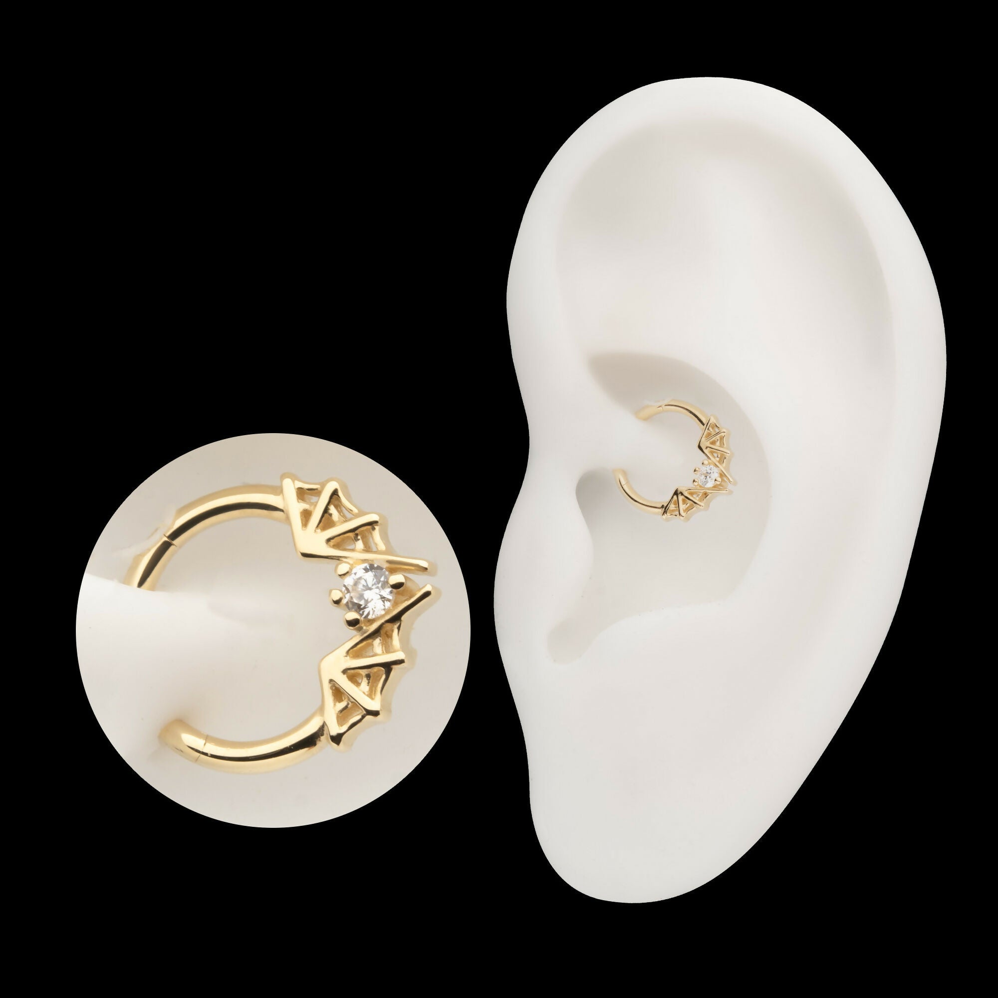 Angled Bat Wings Frame a Prong Set Gem Front Facing Hinged Segment Clicker Hoop Earring / Nosering – 14Kt Yellow Gold