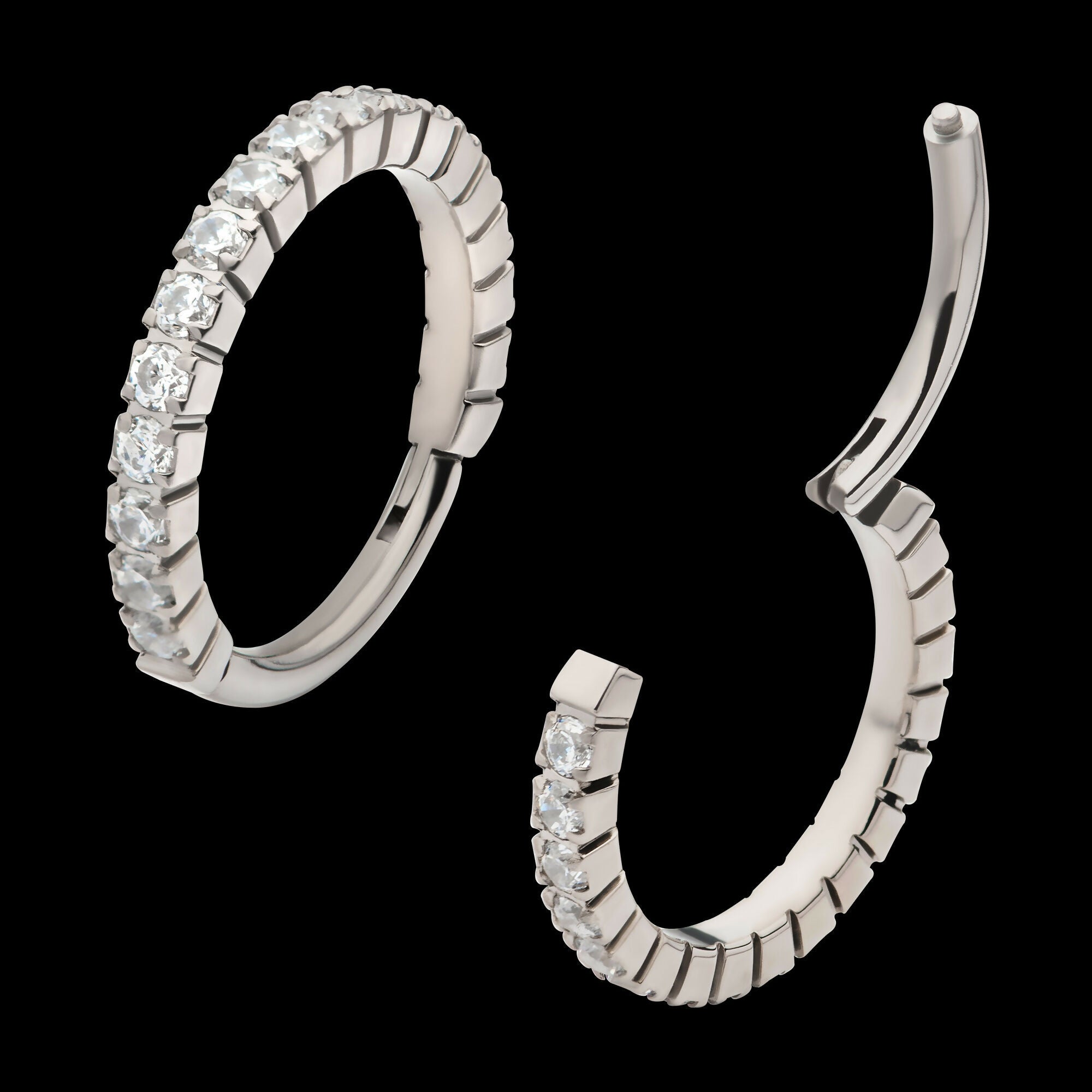 Prong Set Full Clear CZ Side Facing Hinged Segment Clicker Hoop Earring / Nosering – Titanium