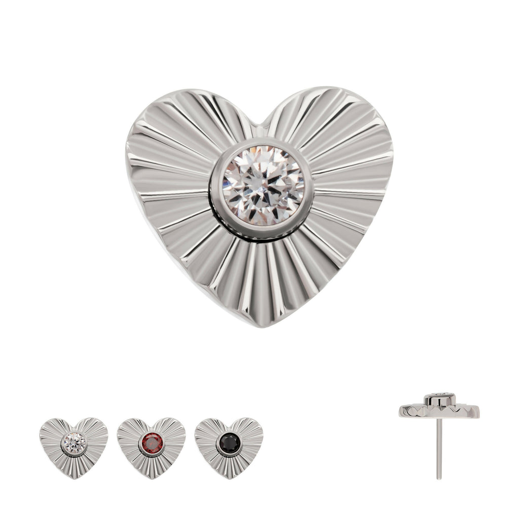 Corrugated Heart with Bezel Gem Flatback Stud Earring / Nosering - Gem in Titanium