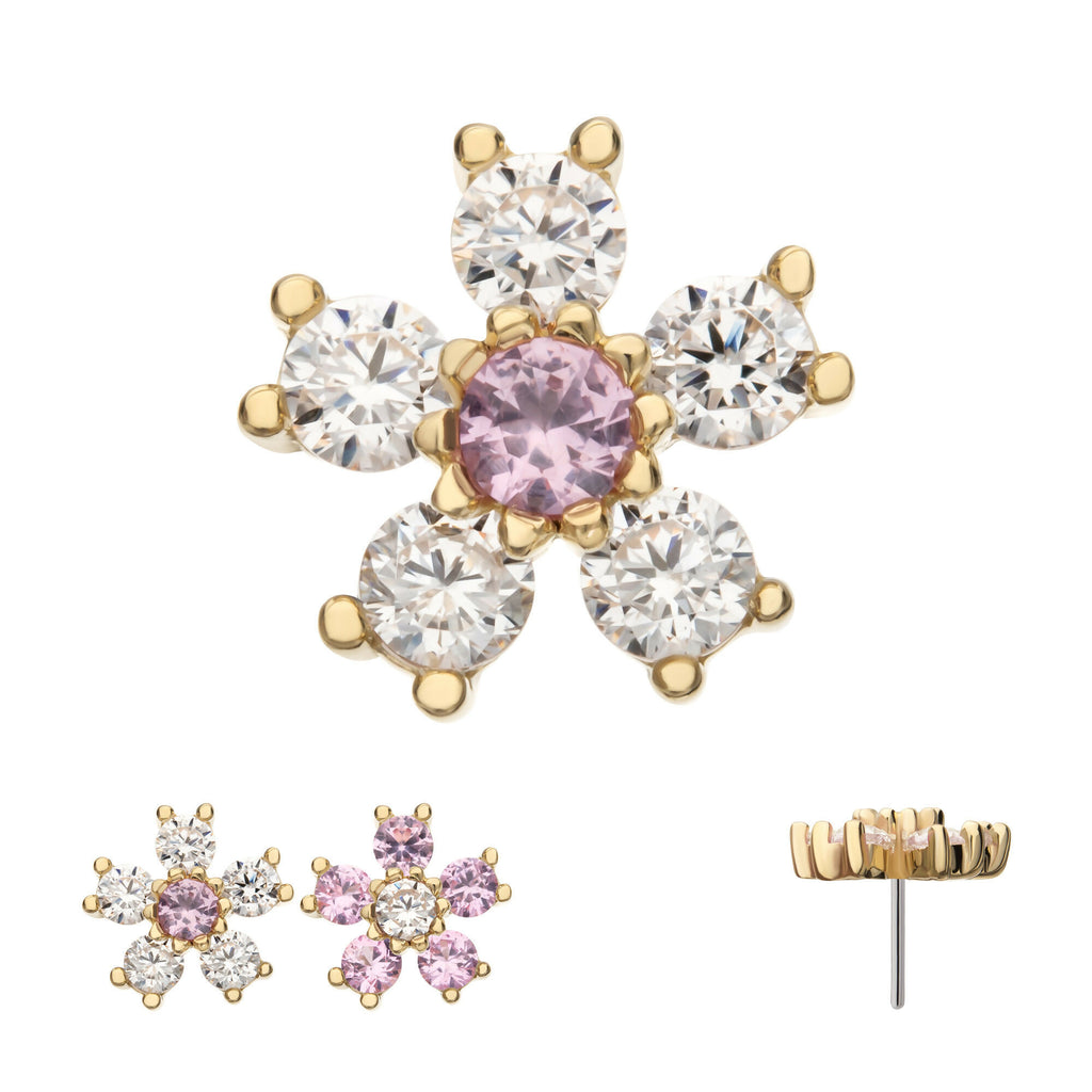 Cherry Blossom Flower with 5-Petal Prong Set Gem Flatback Stud Earring / Nosering - Gem in 14Kt Yellow Gold