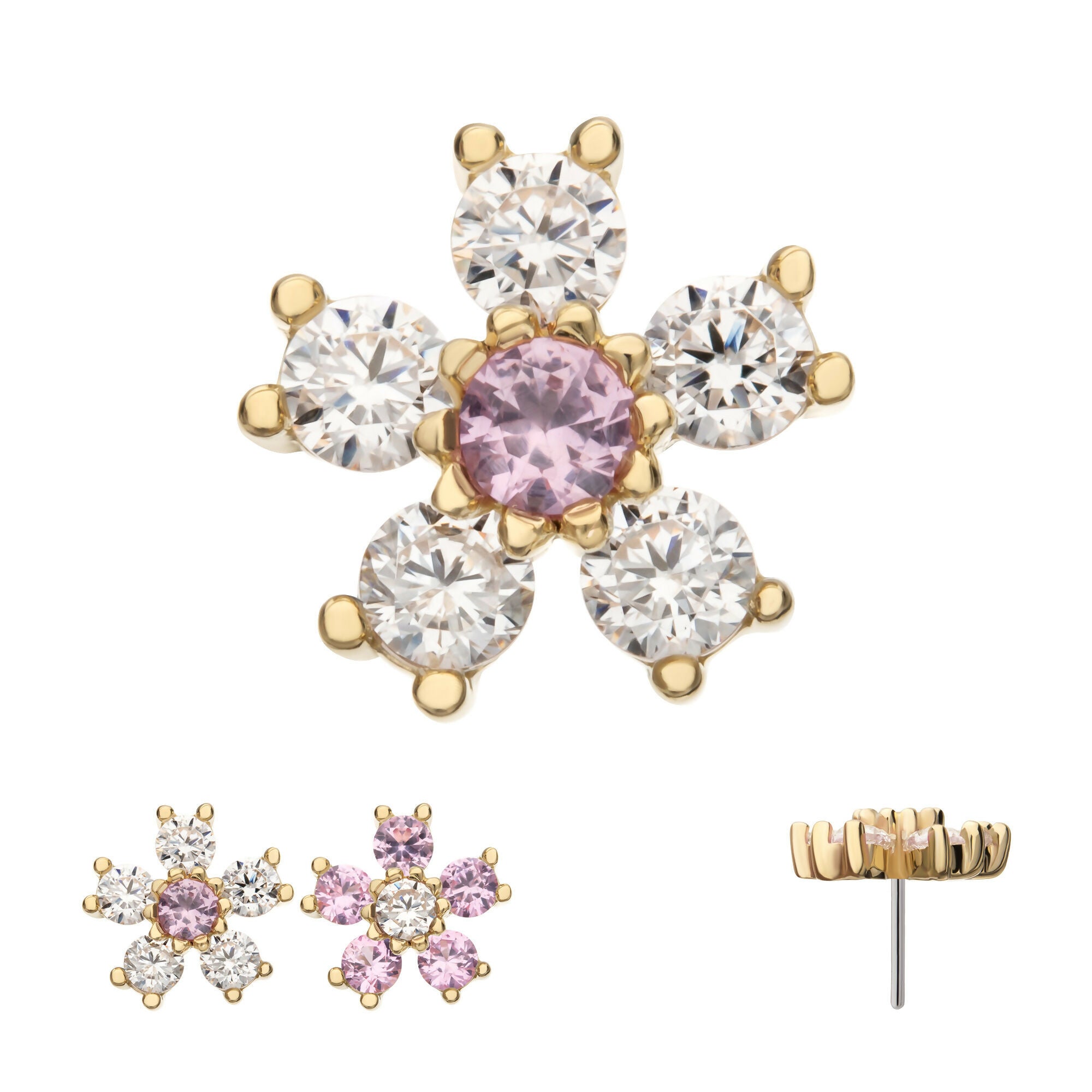 Cherry Blossom Flower with 5-Petal Prong Set Gem Flatback Stud Earring / Nosering - Gem in 14Kt Yellow Gold
