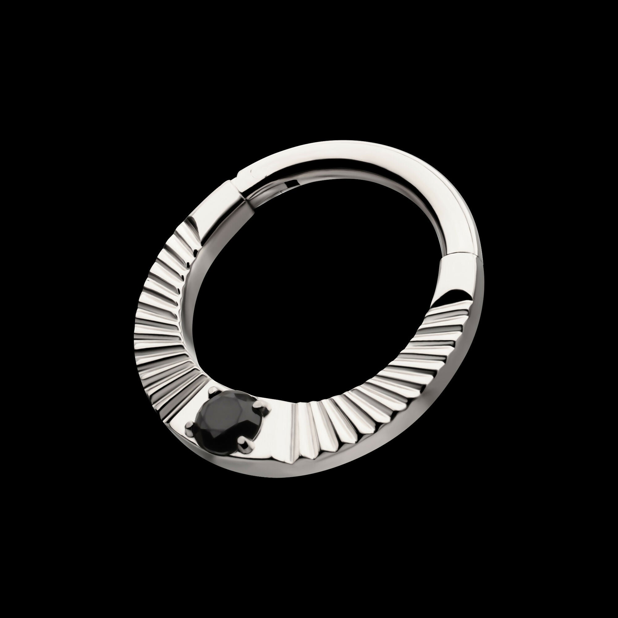 Radiant Hoop with Black Prong Set Gem Front Facing Hinged Segment Clicker Earring / Nosering – Titanium