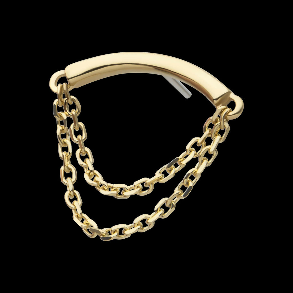 14Kt Yellow Gold Threadless Curve Bar Top with 2 Tier Dangle Chain