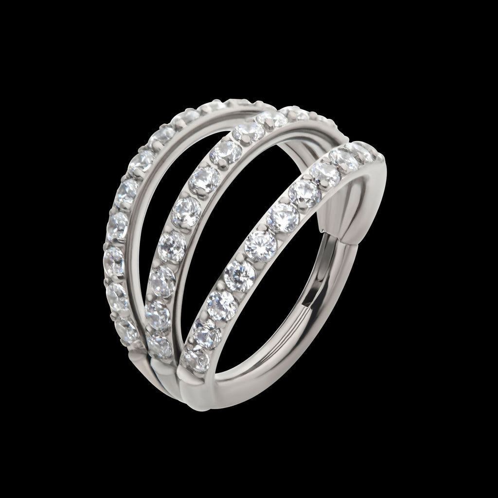 Triple Hoop with CNC Set 1mm Round Gem Side Facing Hinged Segment Clicker Earring / Nosering – Titanium