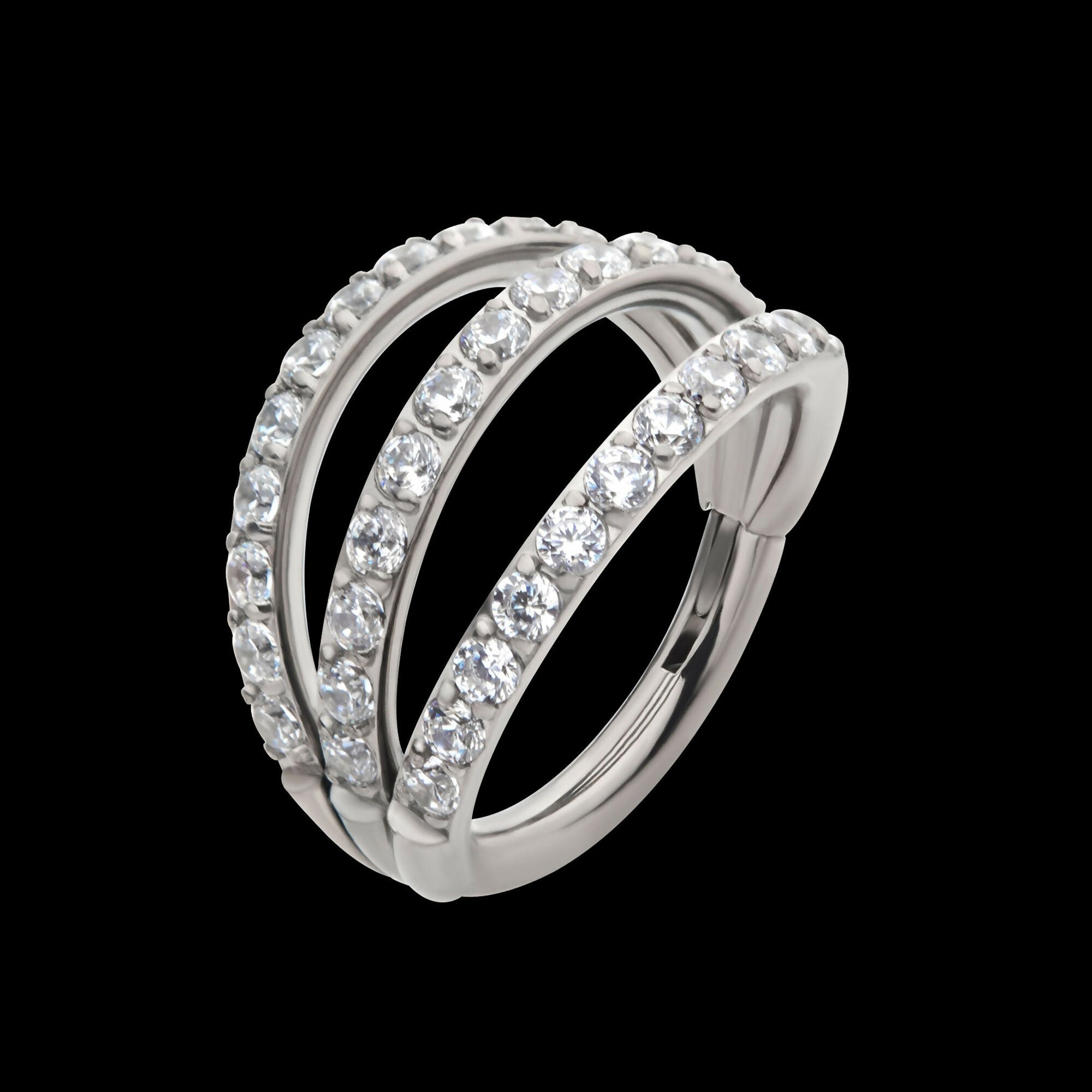 Triple Hoop with CNC Set 1mm Round Gem Side Facing Hinged Segment Clicker Earring / Nosering – Titanium