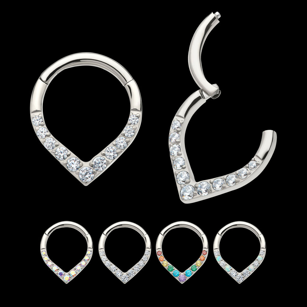 CNC Set Round CZ/Opal Front Facing Teardrop Shape Hinged Segment Clicker Hoop Earring / Nosering – Titanium