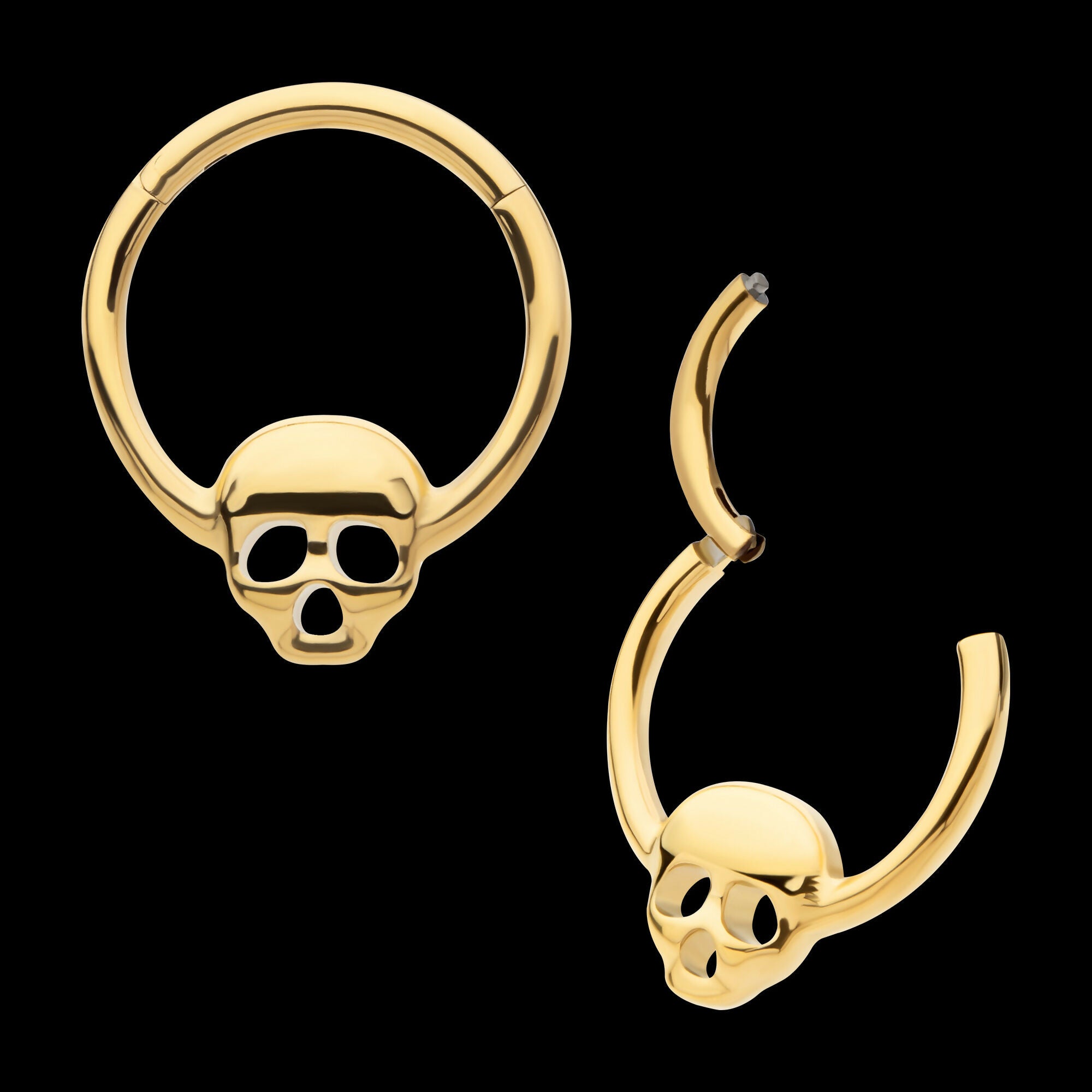 24Kt Gold PVD Titanium with Centered Skull Front Facing Hinged Segment Clicker Hoop Earring / Nosering