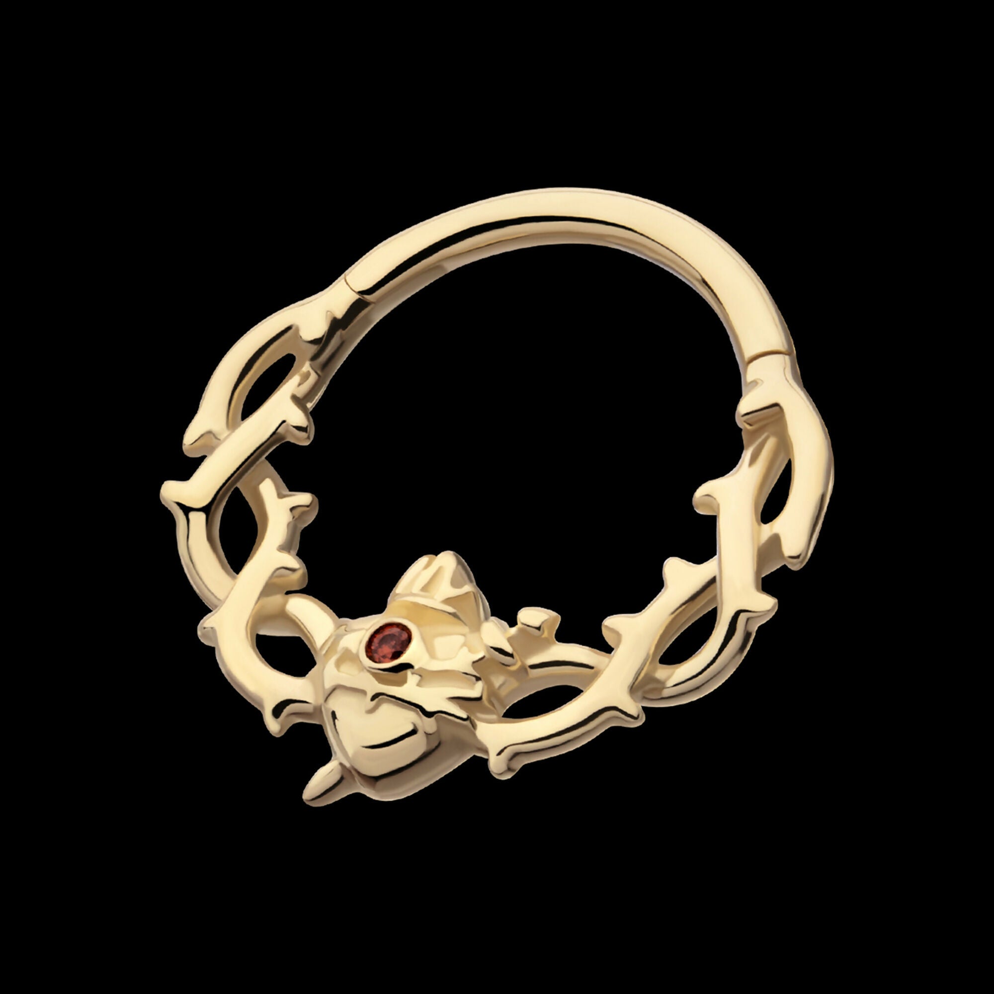 Prong Set Triple Rose with Prong Set Round Garnet Gem Front Facing Hinged Segment Clicker Hoop Earring / Nosering – 14kt Yellow Gold