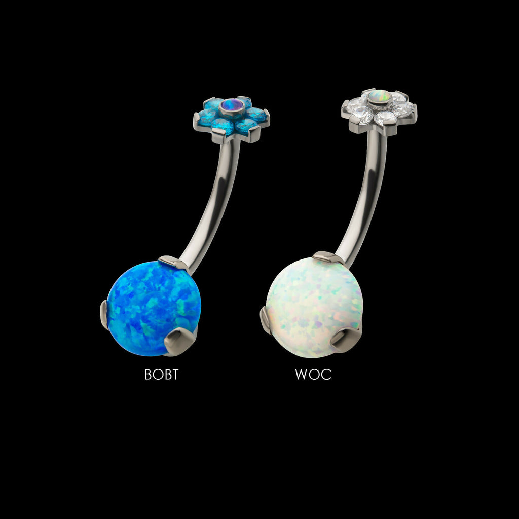 Internally Threaded with Prong Set AAA CZ & Synthetic Opal Flower Top and Round Bottom Fixed Navel Earring / Nosering – Titanium
