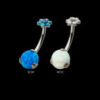 Internally Threaded with Prong Set AAA CZ & Synthetic Opal Flower Top and Round Bottom Fixed Navel Earring / Nosering – Titanium
